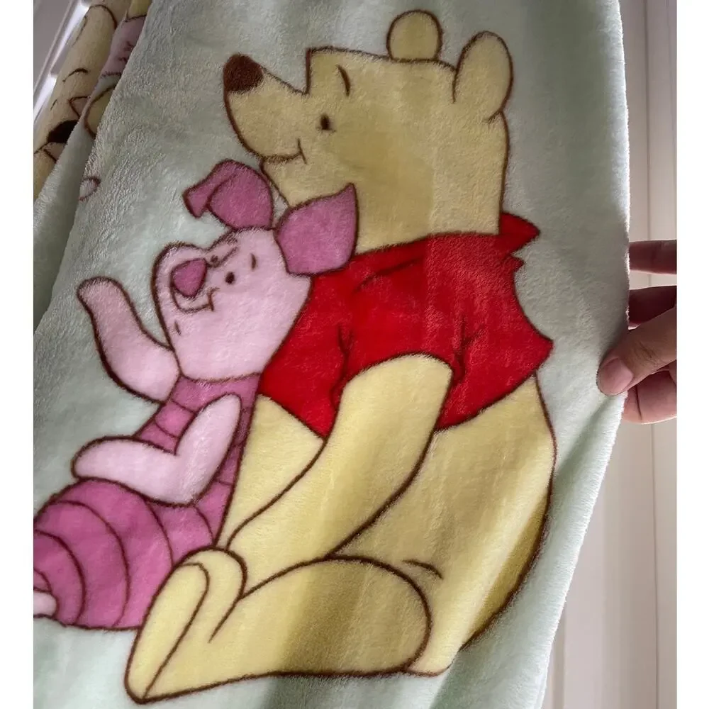 Disney Winnie the Pooh Throws Green Yellow Blankets 2 pieces NEW Super Soft